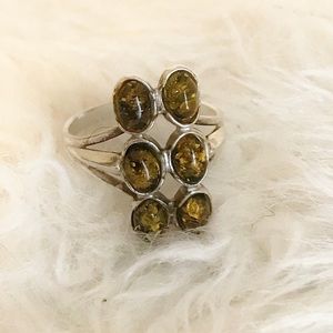 .925 Silver & Yellow Amber 6 Stone Ring